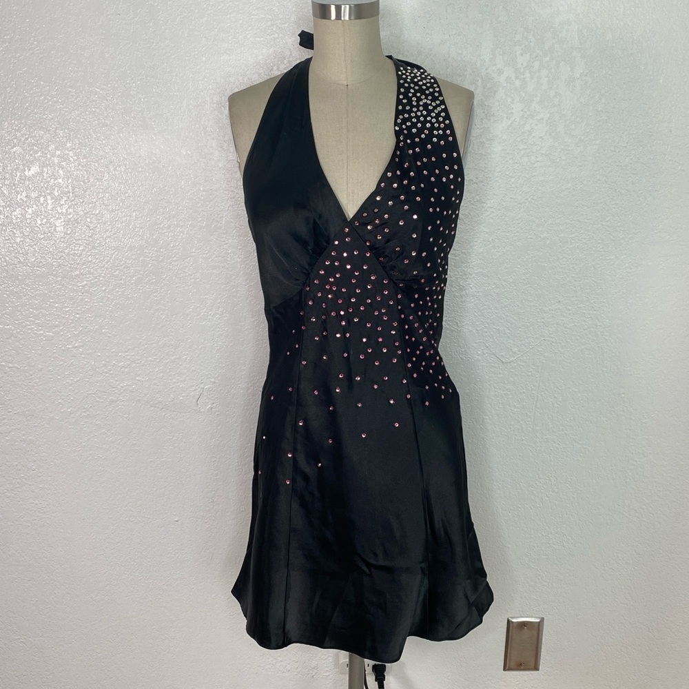 Vintage Fredericks of Hollywood Y2K 90s black satin embellished slip mini dress